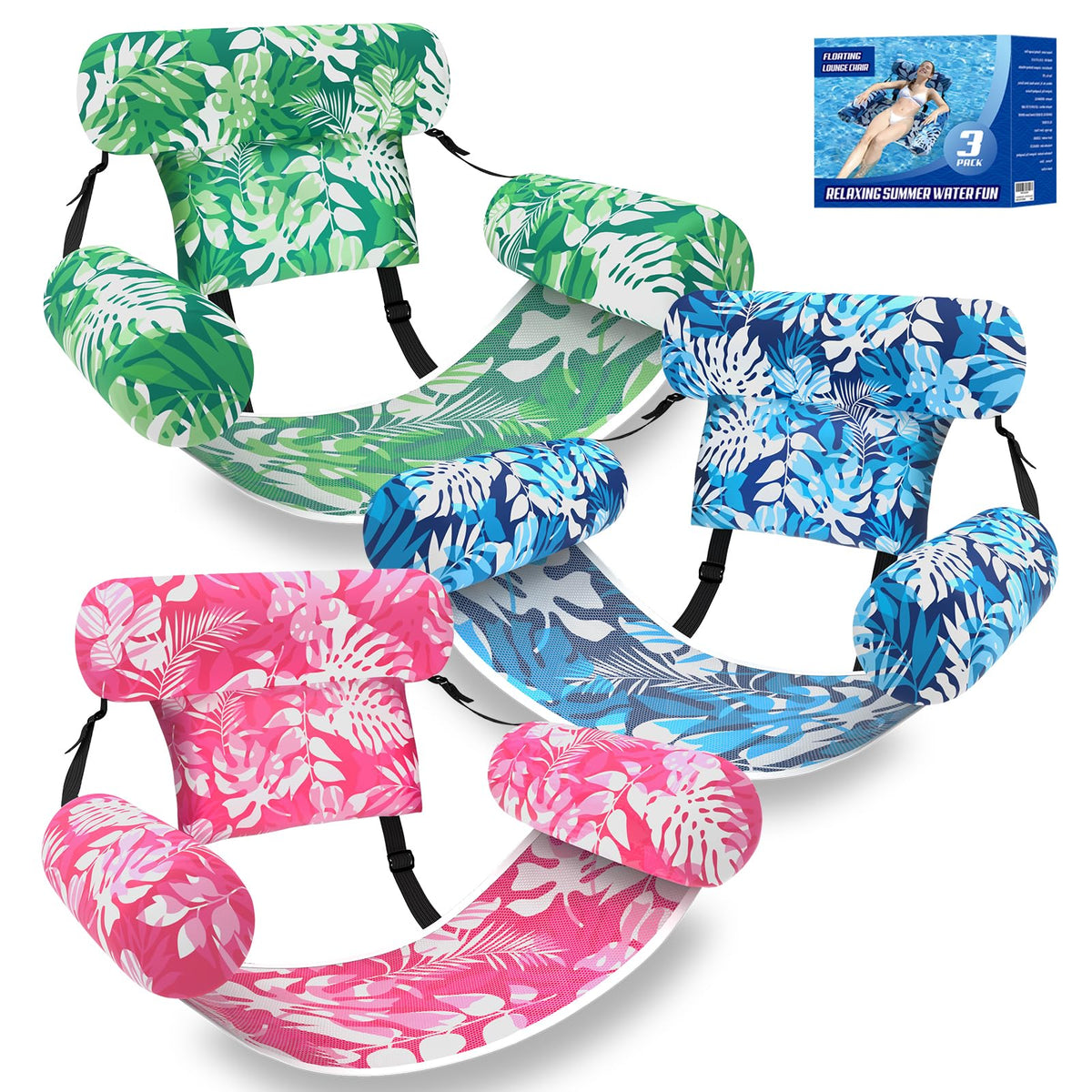 Nyrveua 3-pack pool floats for adults, ideal for lounging and chatting in water.