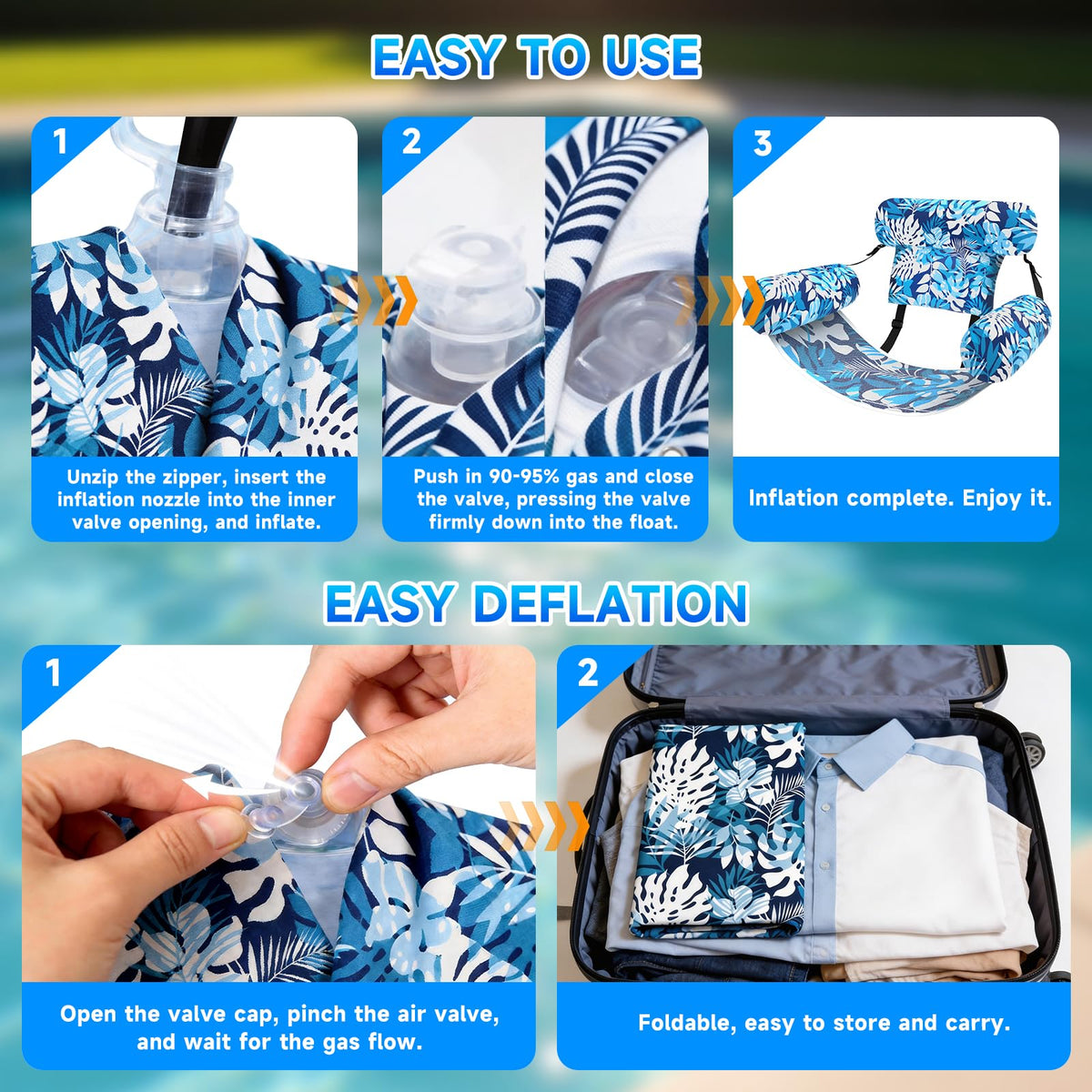 Nyrveua no-assembly inflating pool float for quick setup and on-the-go use.