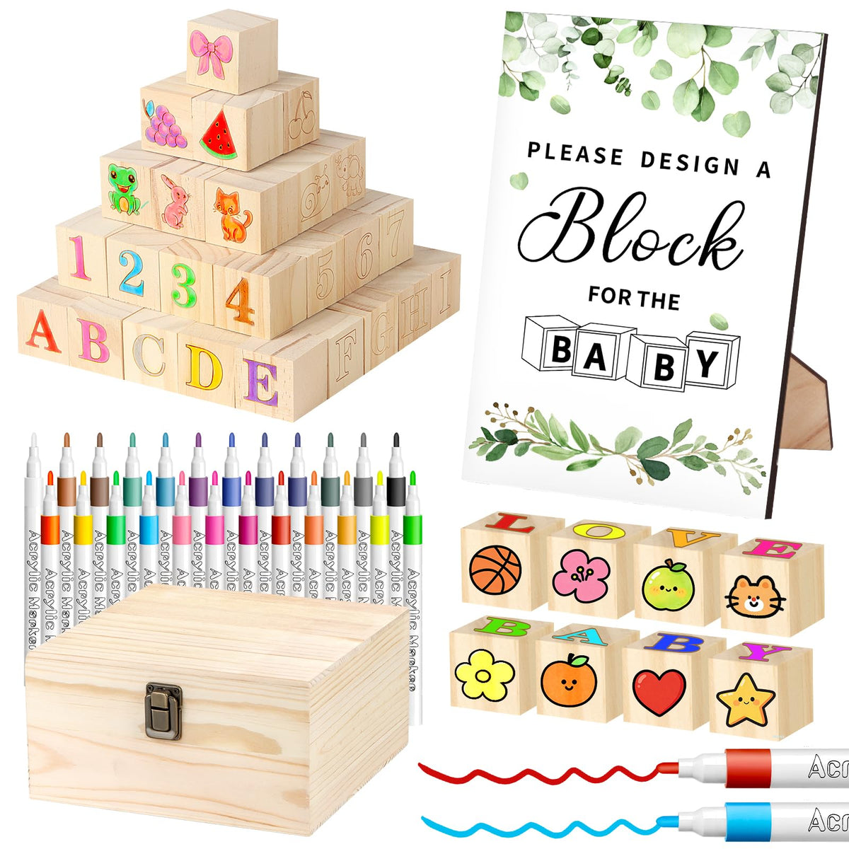 Nyxuso baby shower blocks set contents enable inclusive play and personalized decor.