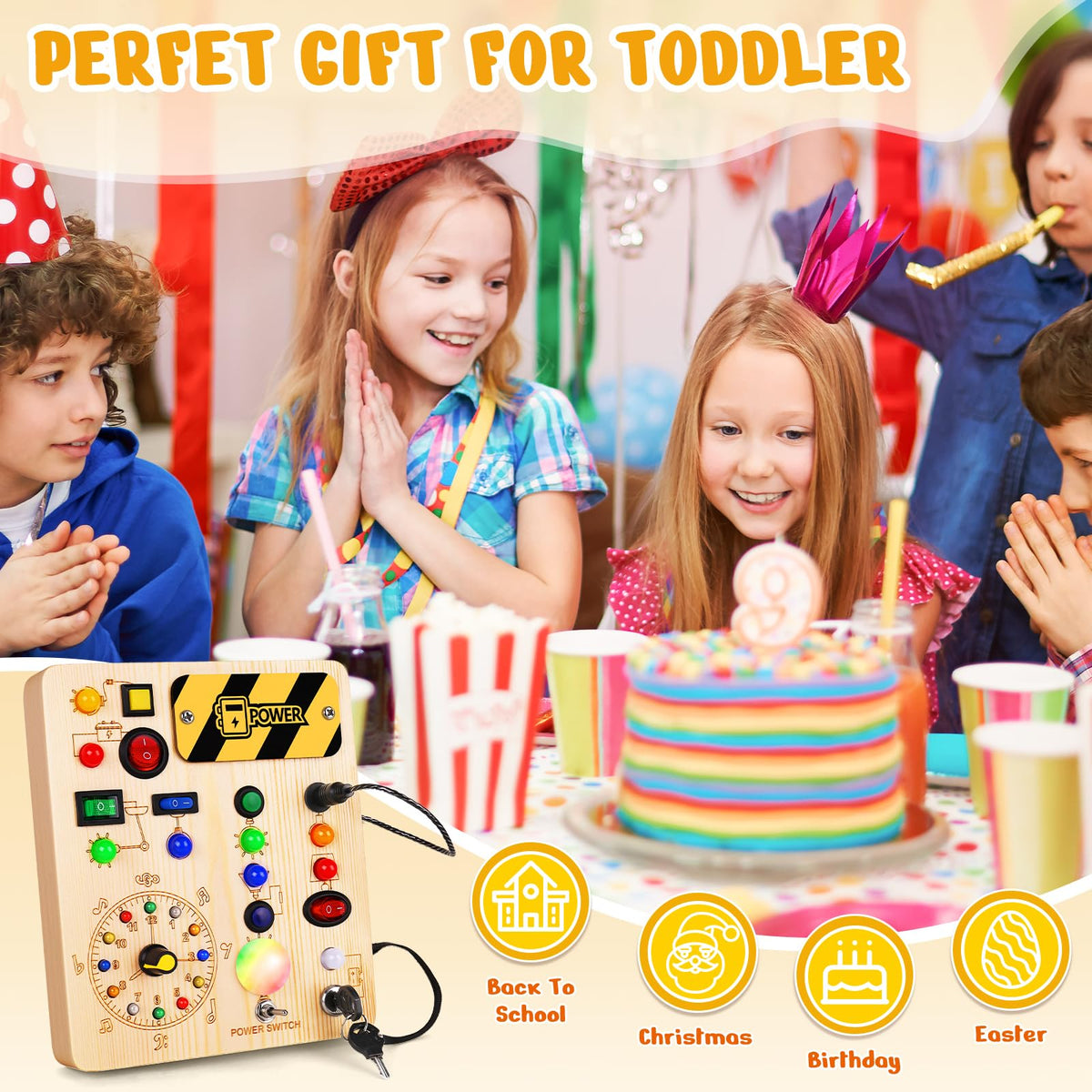 OAKJAR Busy Board switch designs boost fine motor skills.