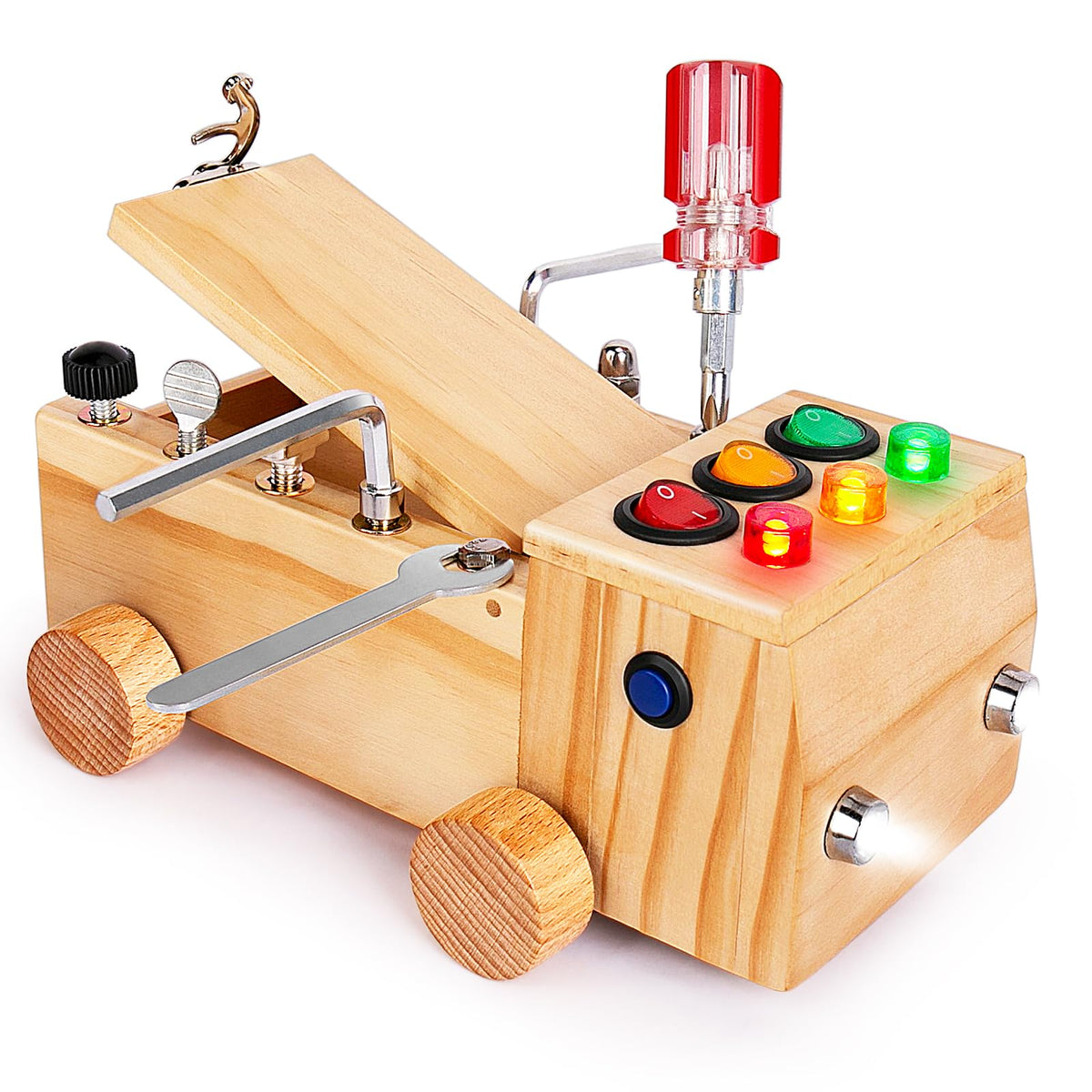 OAKJAR Montessori screwdriver busy board front view with colorful interactive elements for toddlers.