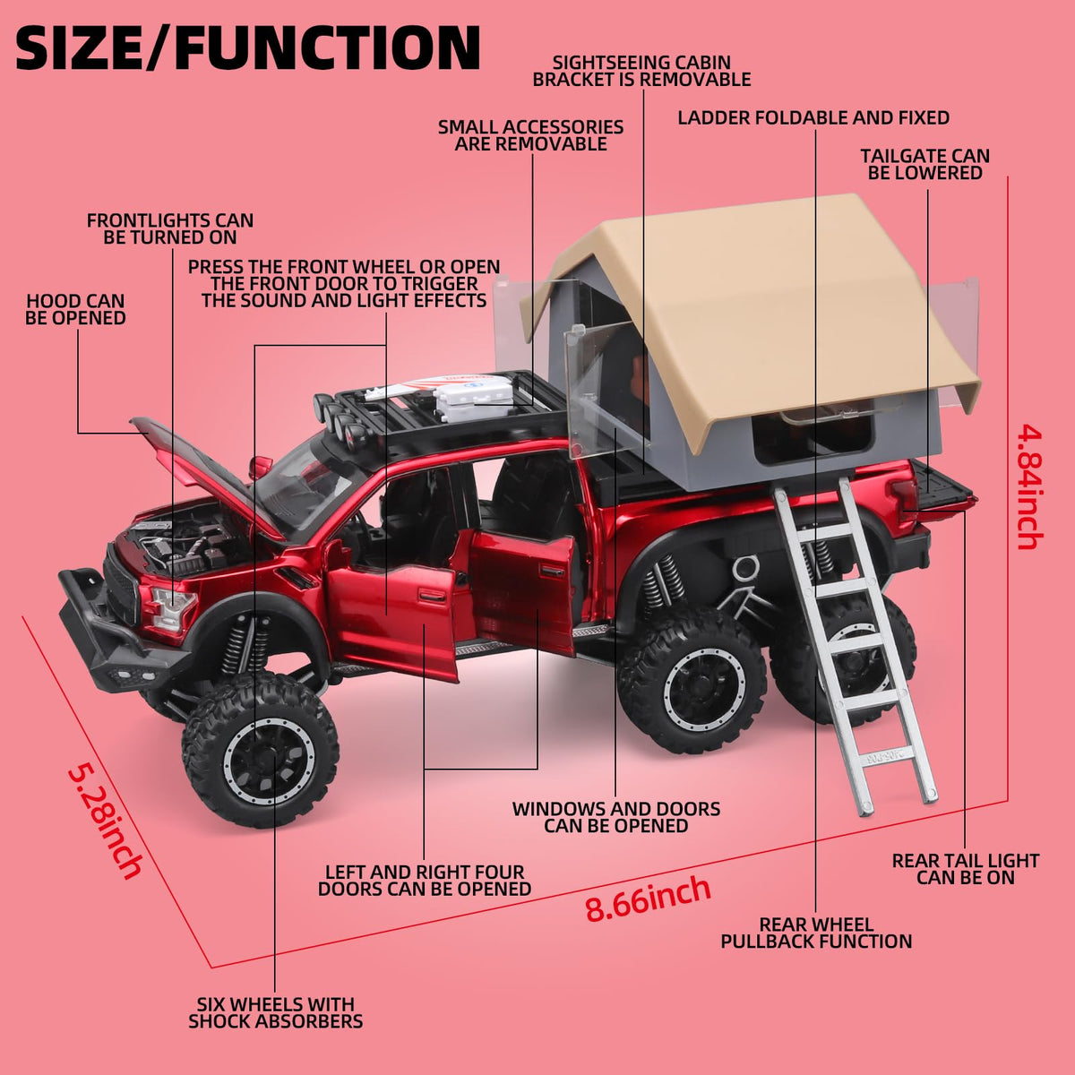 OANMYJJO F150 toy truck front with sound and lights enhances interactive play.
