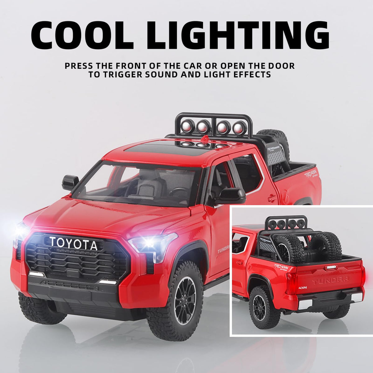 OANMYJJO Tundra diecast truck with open doors and hood for interactive play.