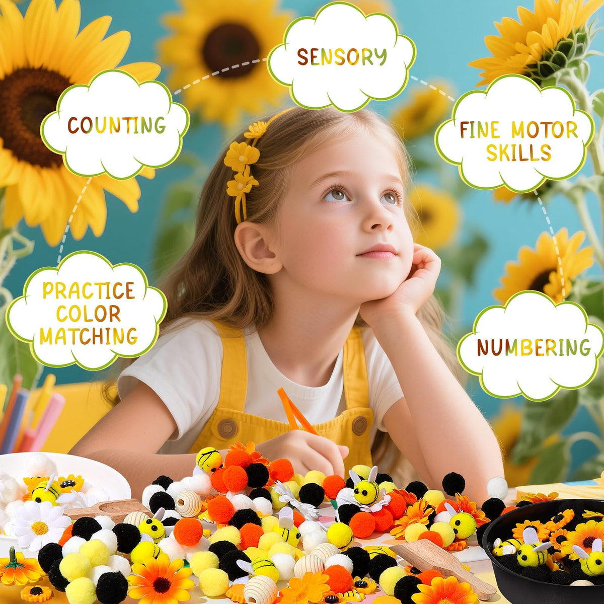 OAXNTGW honeycomb beads and sunflower decor for seasonal displays.