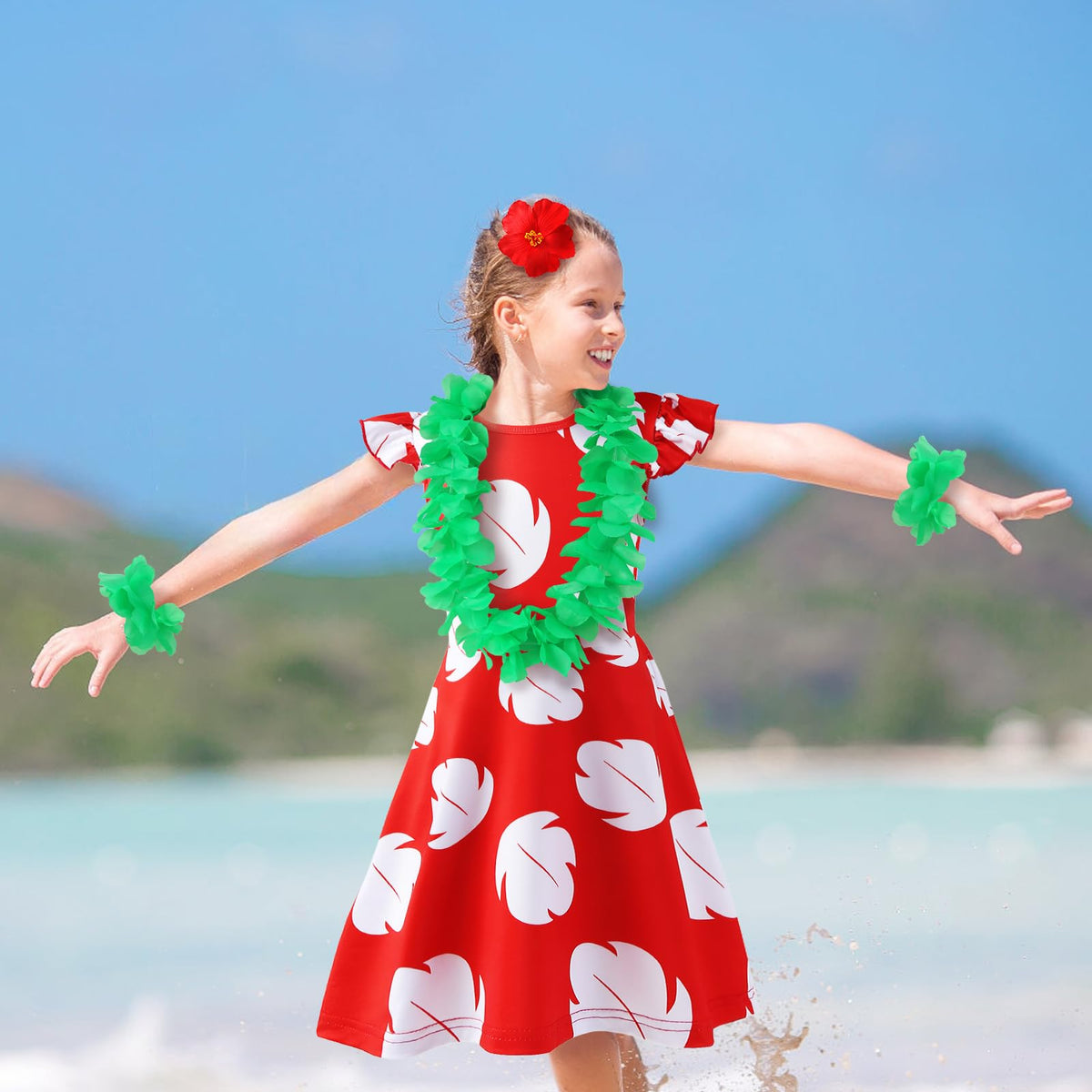Obavioy leis bracelets pair with the dress for a complete tropical look
