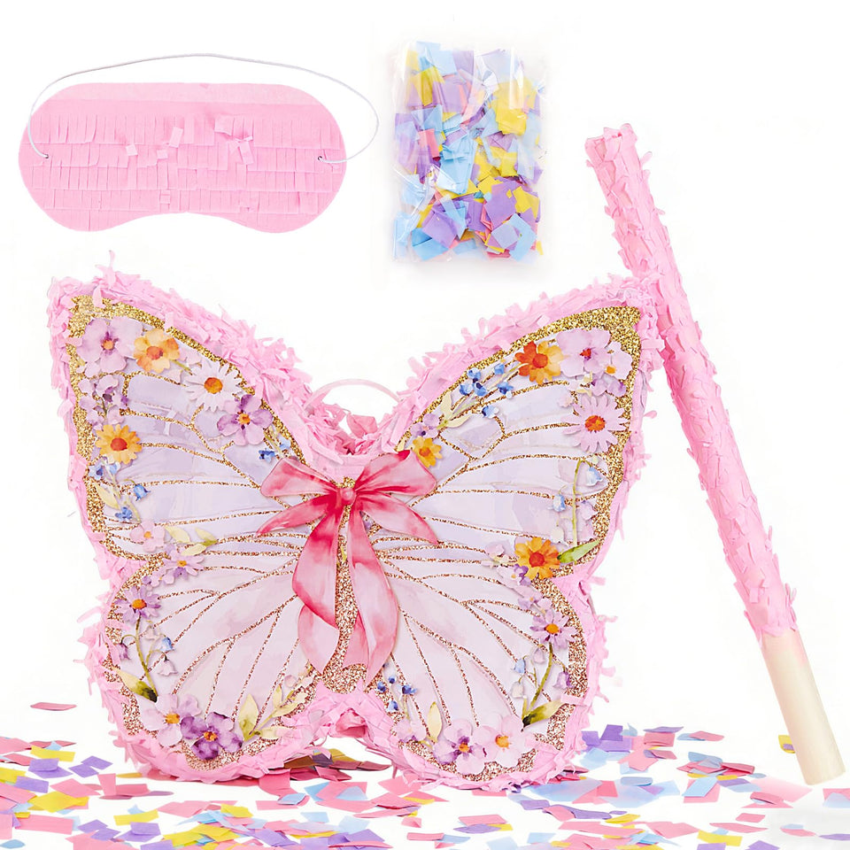 OBBOLO butterfly pinata with pink bow and wildflowers for girls' party décor and activity.