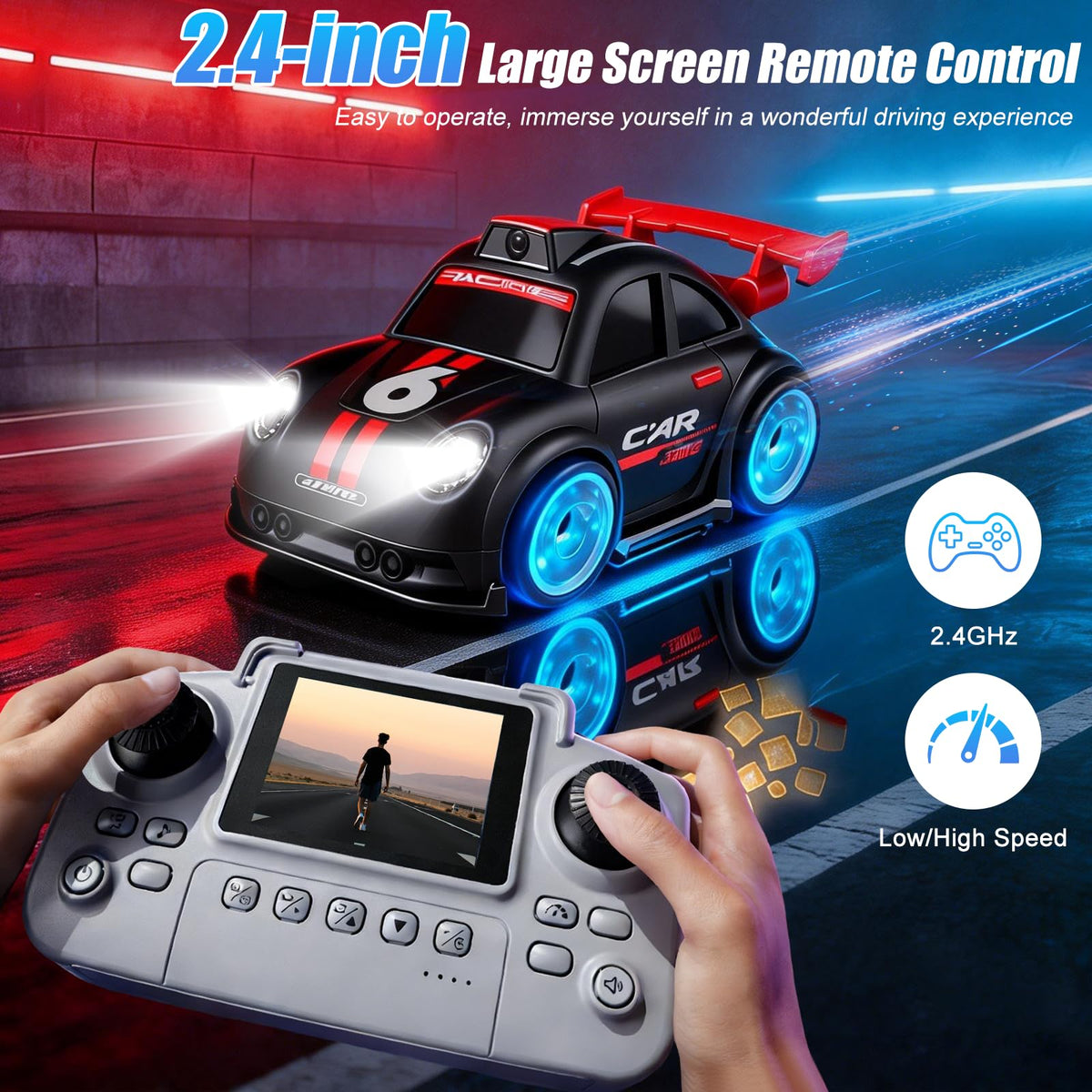 OBEST Mini RC Car screen close-up shows clear FPV control.