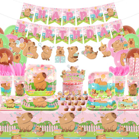 Obussgar Pink Capybara banner creates a joyful birthday backdrop for photos.