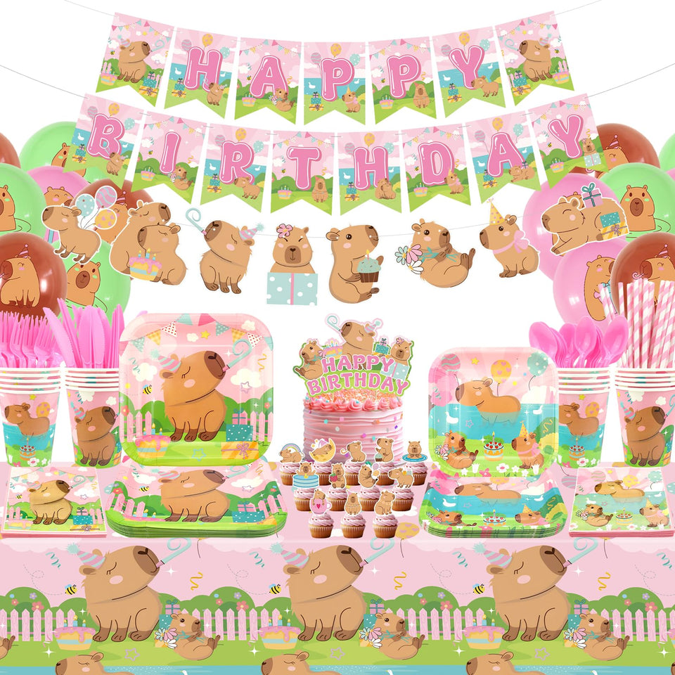 Obussgar Pink Capybara banner creates a joyful birthday backdrop for photos.