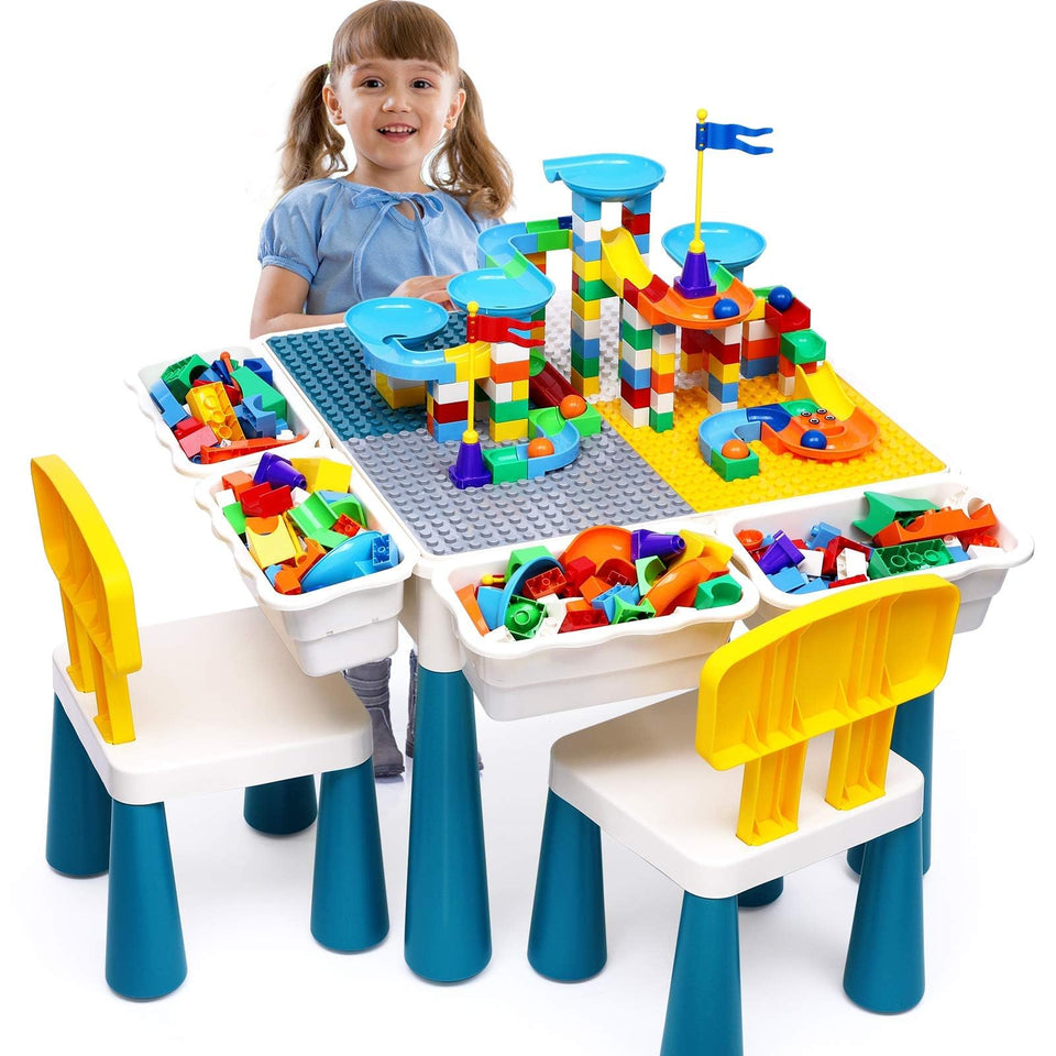 OCATO kids table and chair set with reversible top for blocks and meals.