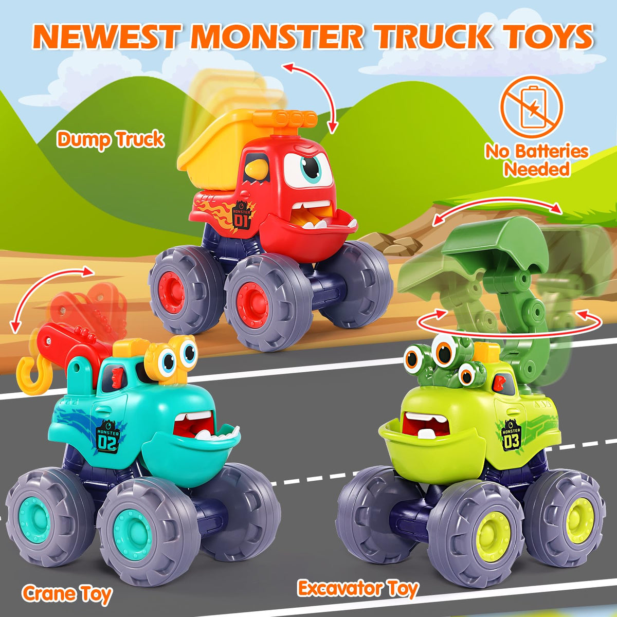 OCATO Monster Truck Dump Truck toy with big wheels for easy grip.