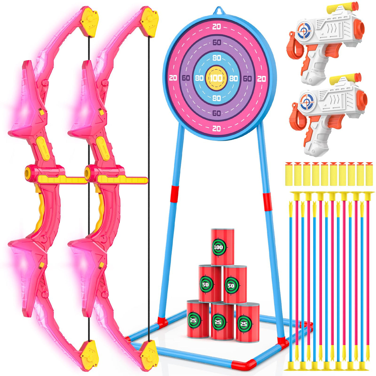 Ocditikl 2-pack kids bow and arrow set with pink LED bows for indoor and outdoor play.