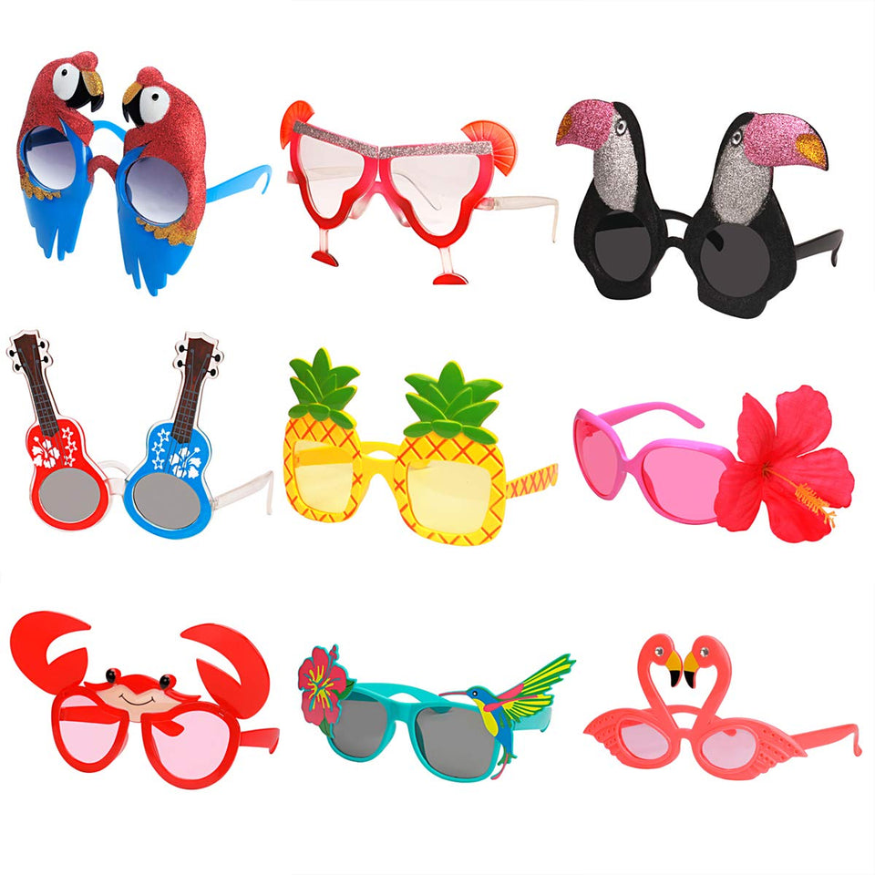 Ocean Line Luau sunglasses nine-pair set, vibrant beach party visuals for kids.