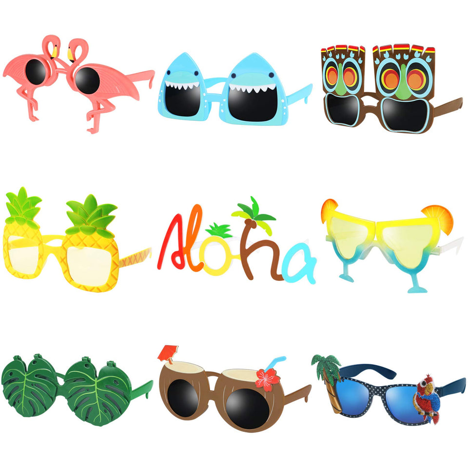 Ocean Line Luau sunglasses display of all nine styles, perfect photo booth prop.