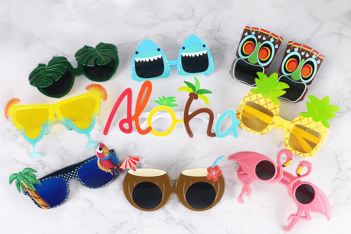 Ocean Line Luau sunglasses close-up shows scratch-resistant lenses for durable party wear.