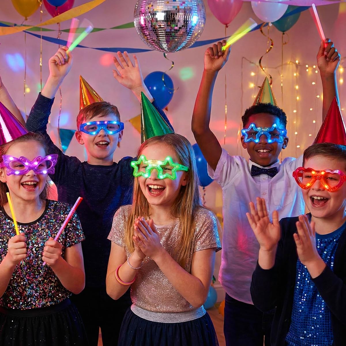OceanWings 24-pack LED glasses worn at a kids party