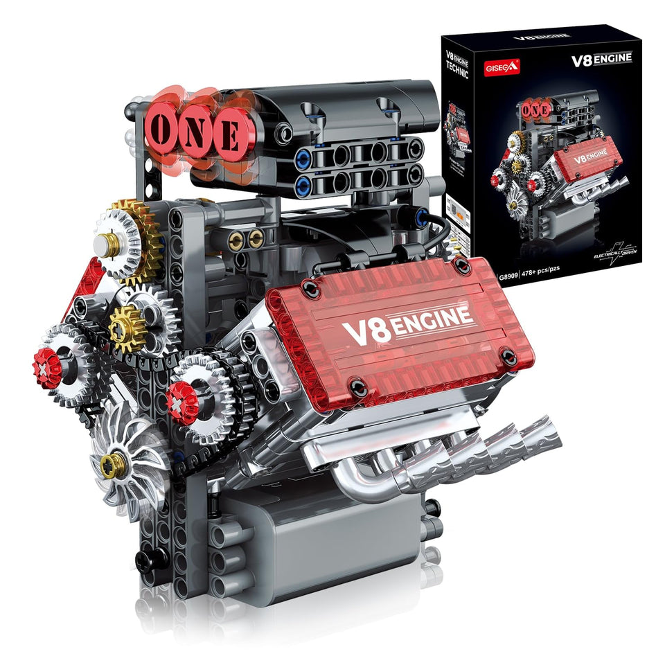 OCES V8 engine building set shows precision parts for hands-on learning.