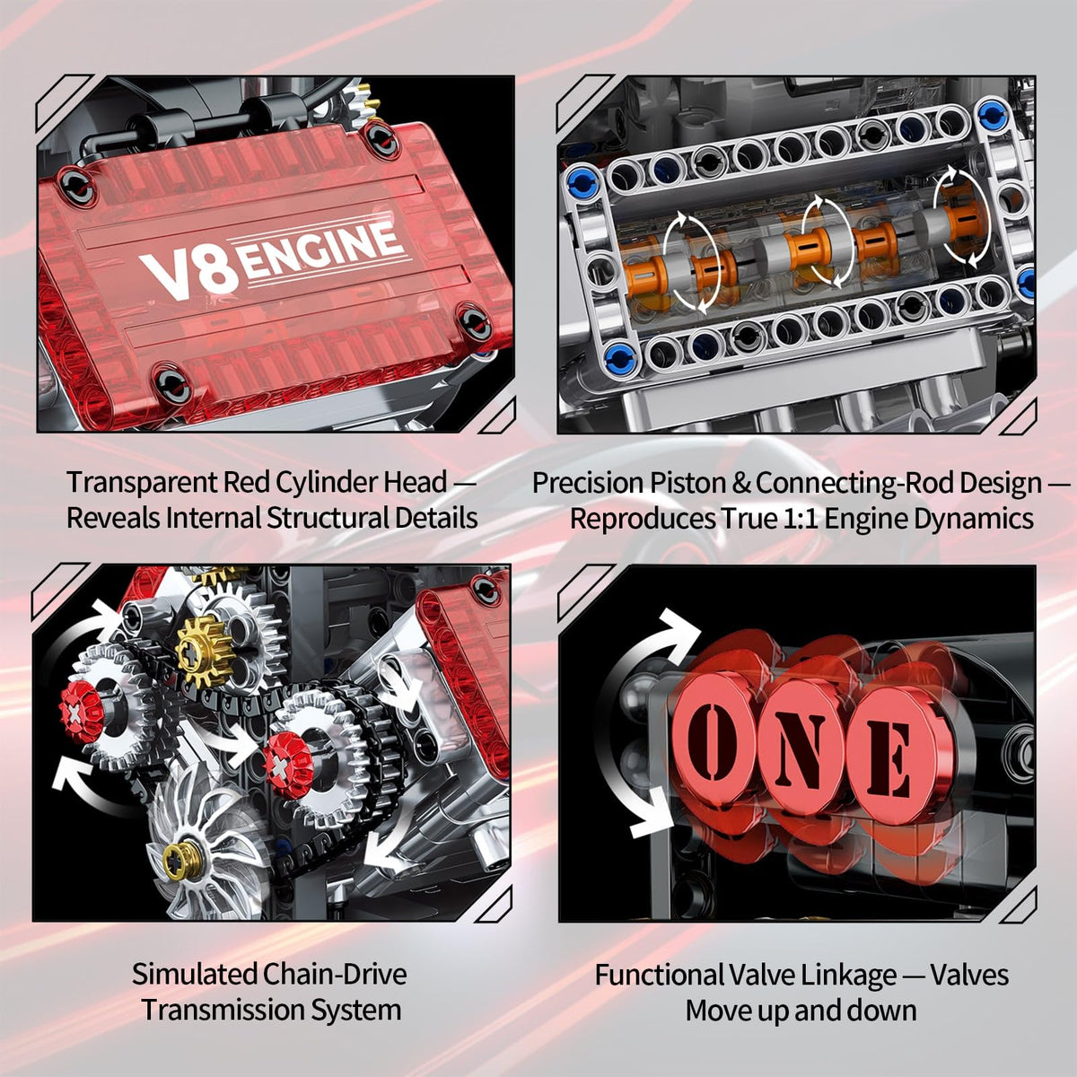 OCES V8 engine kit close-up highlights quality parts for hobbyists.