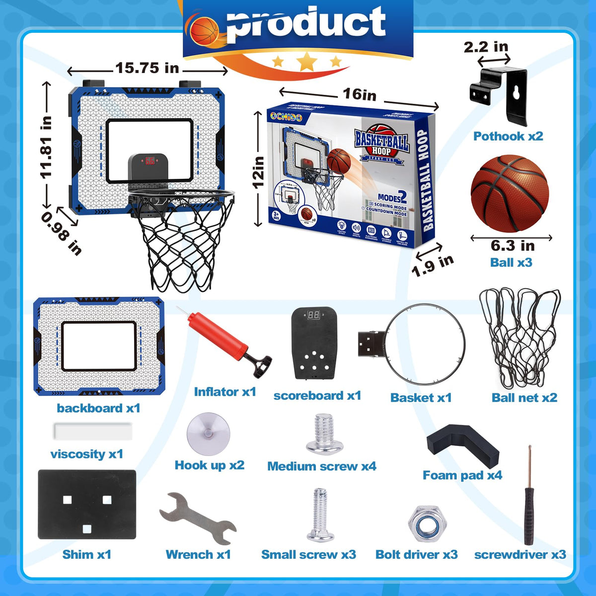 OCHIDO door basketball hoop demonstrates slam dunk action at the doorway.