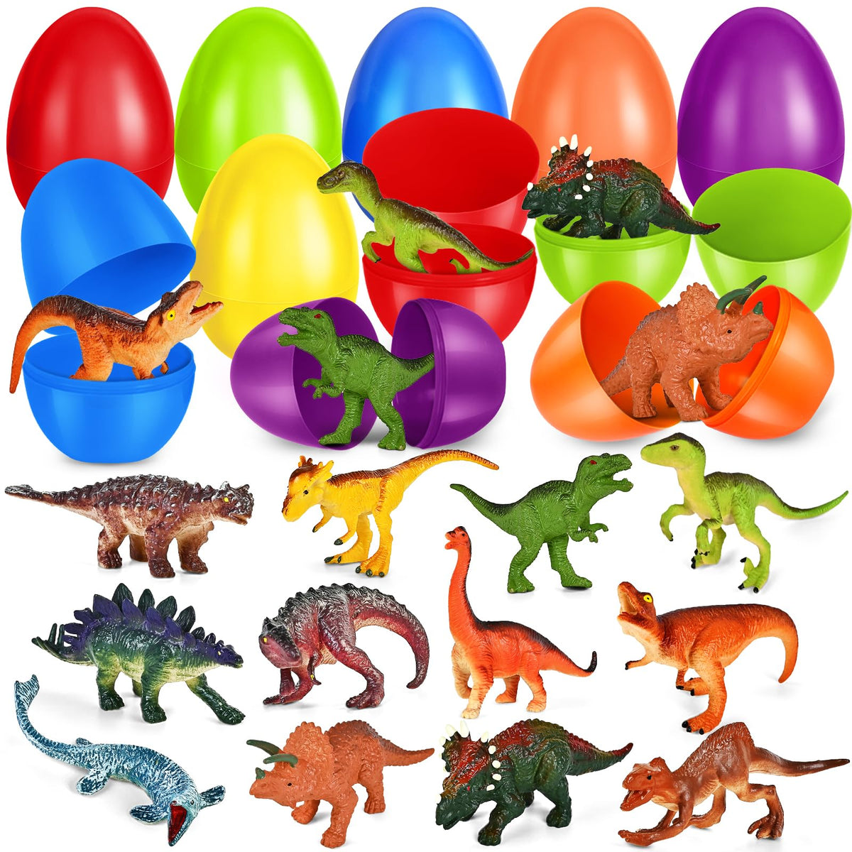 ochido easter eggs with dinosaur toys for kids' egg hunts and baskets.