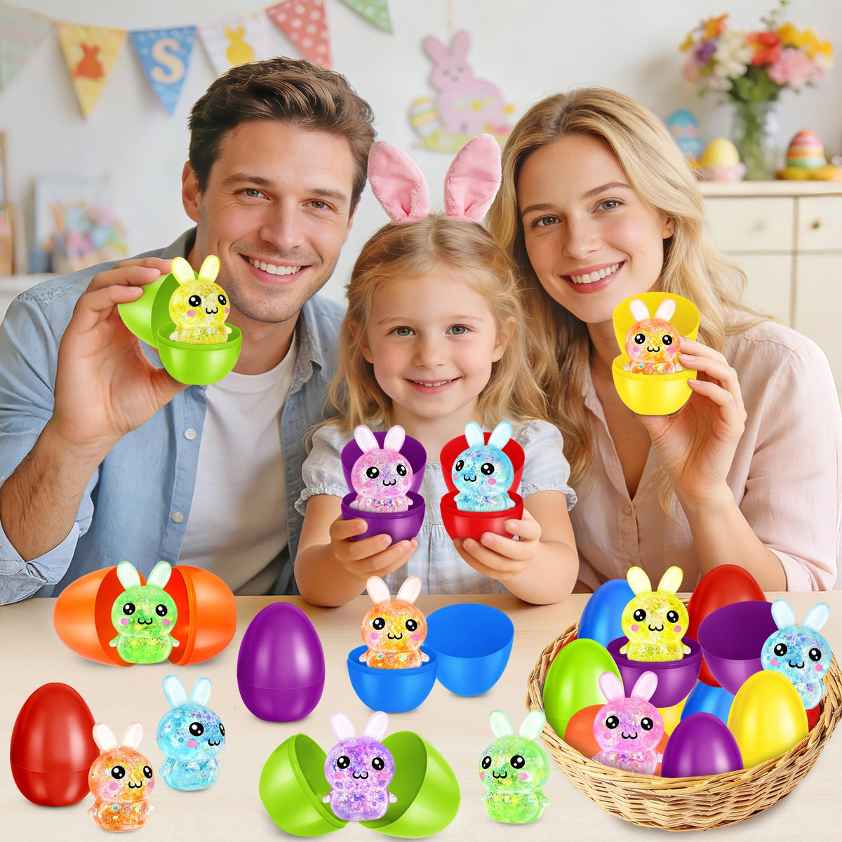 Each egg conceals a bunny squeeze toy for a pleasant sensory moment.
