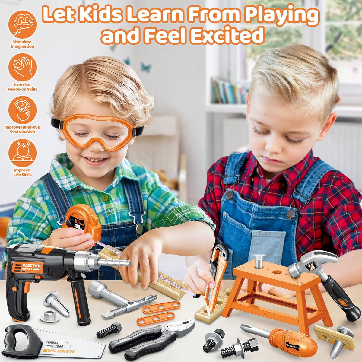 OCHIDO electronic toy drill in action delivering realistic sounds for pretend builds.