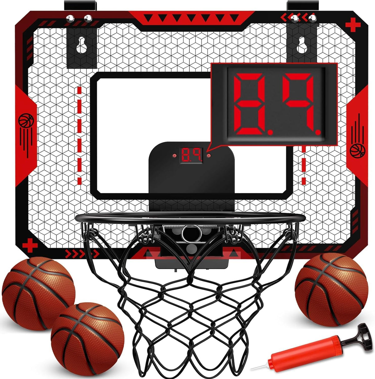 OCHIDO indoor basketball hoop mounted on door with electronic score display.