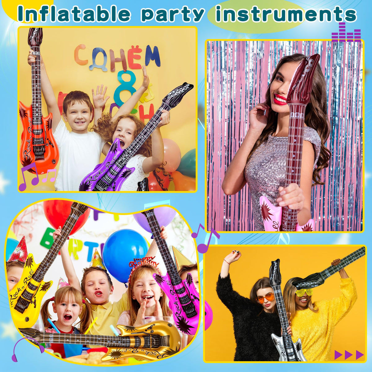 Octaday colorful inflatables brighten parties with vibrant guitar shapes.