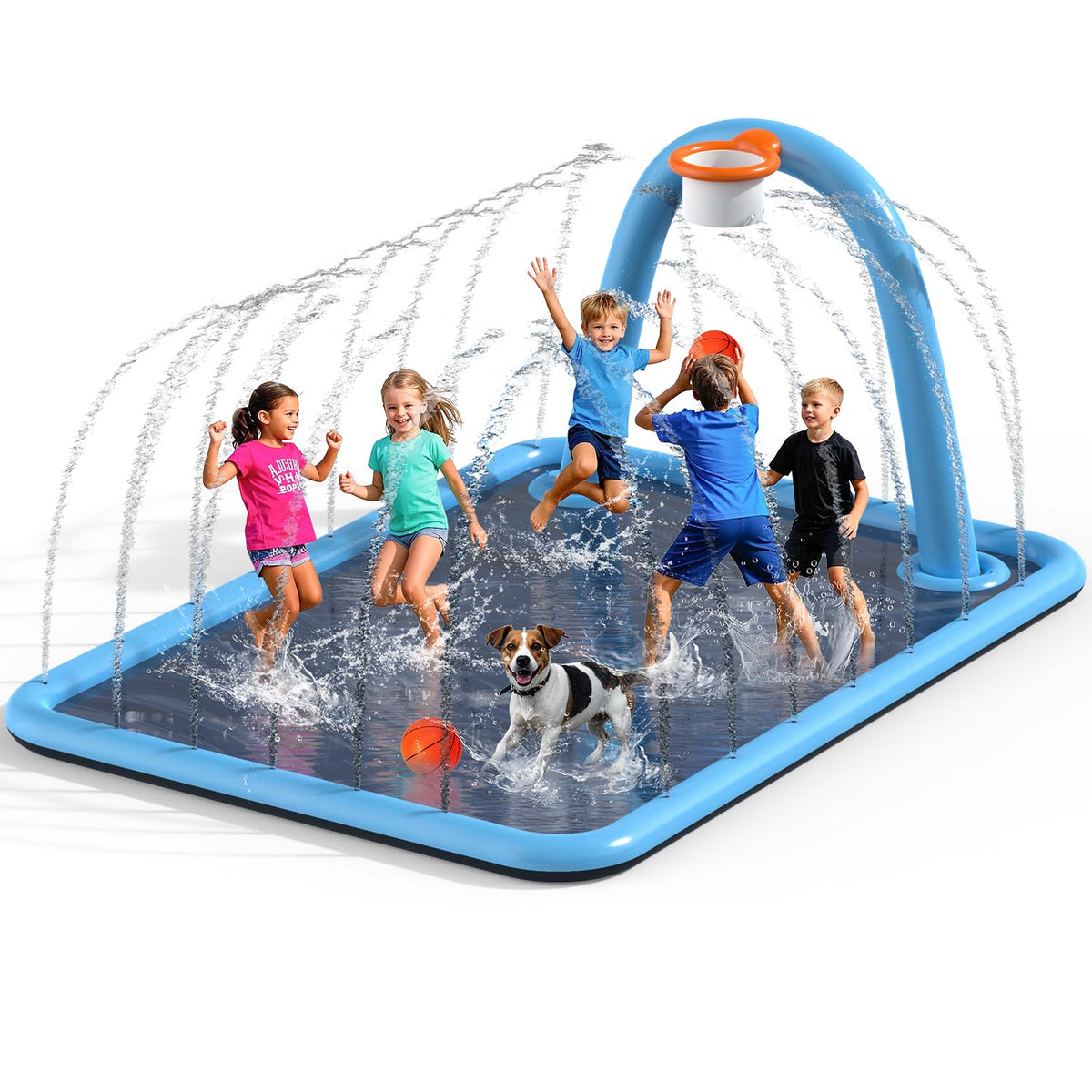 Octaplay splash pad with ball-toss hoop for energetic backyard play.