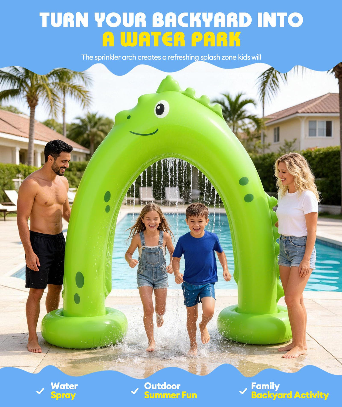 Two kids play under the Octaplay sprinkler arch on a sunny day
