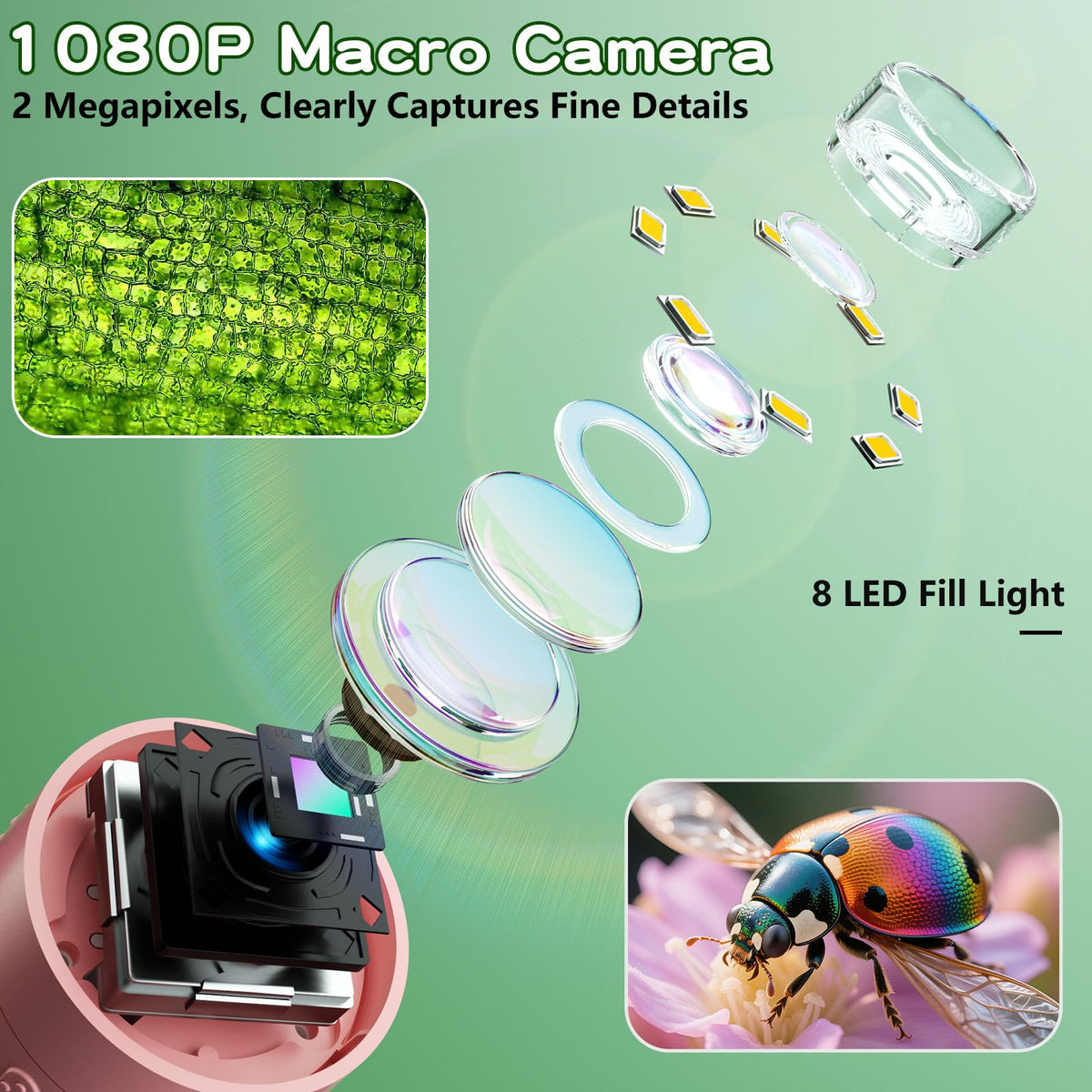 Eight LED lights on the Odatay microscope illuminate tiny details clearly