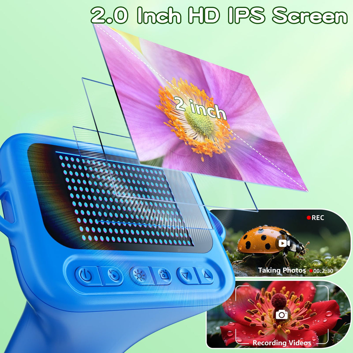Odatay Microscope’s rechargeable battery enables outdoor exploration without cords.