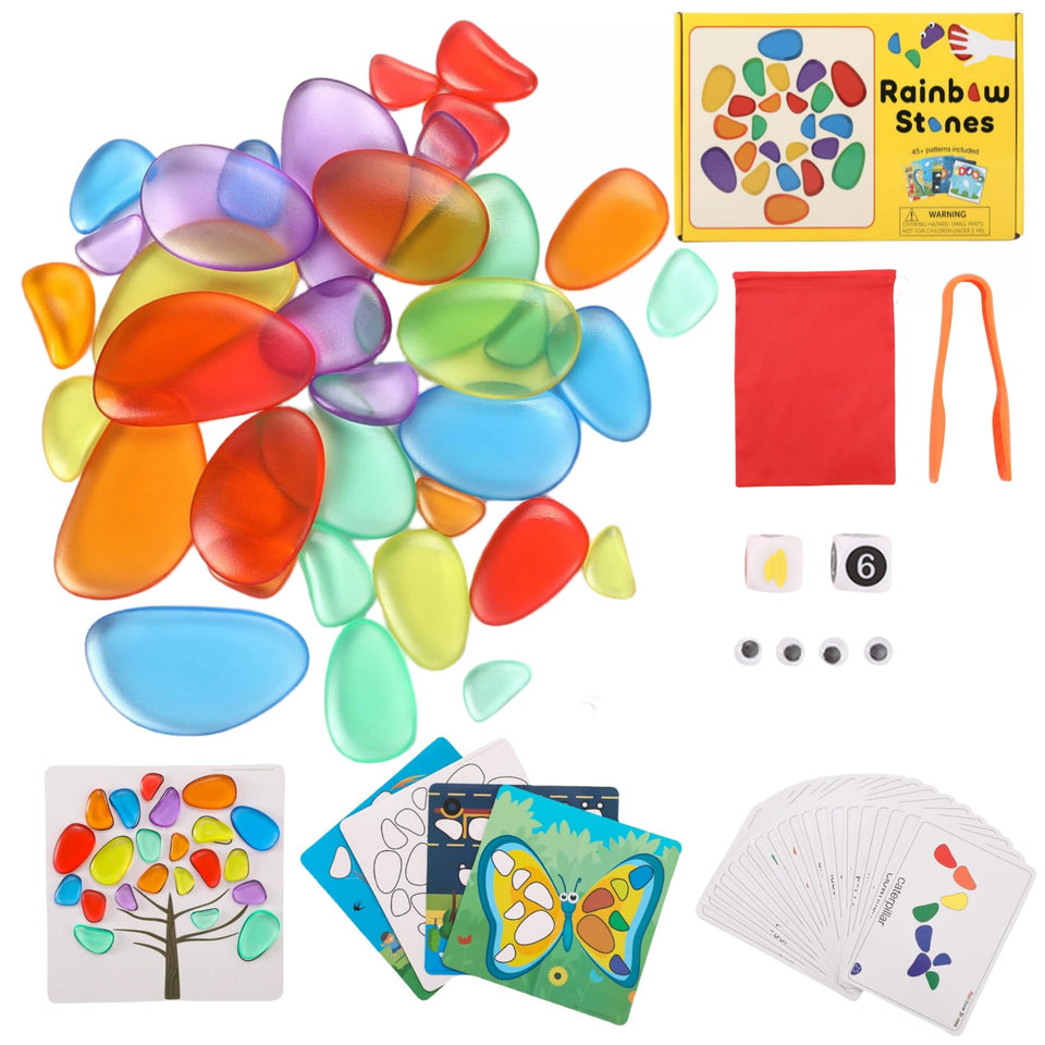 Odoorgames translucent pebbles in rainbow colors for light table color exploration and sorting