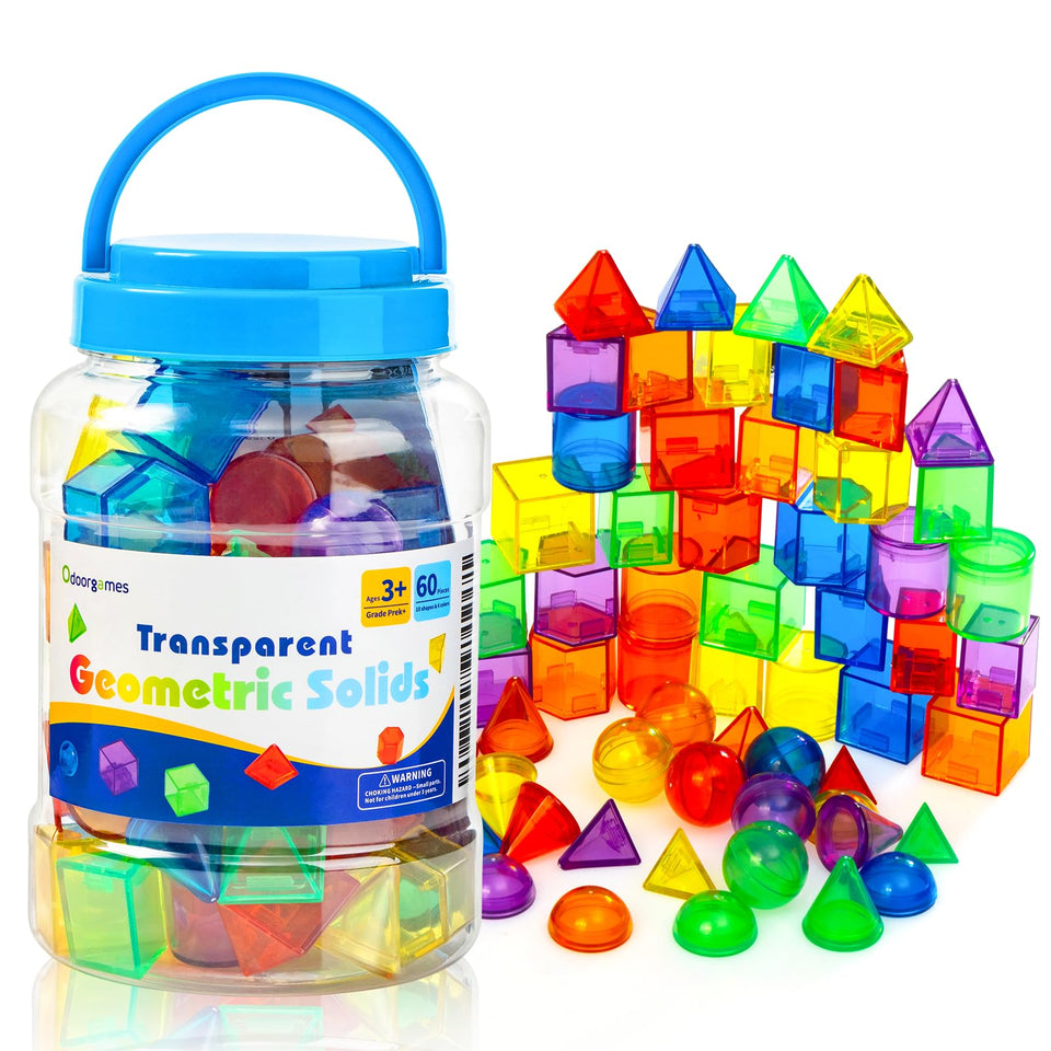 Odoorgames translucent 3D shapes set for tactile exploration of color and form.