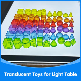 Odoorgames translucent shapes in colors spark curiosity and visual understanding on a light table.