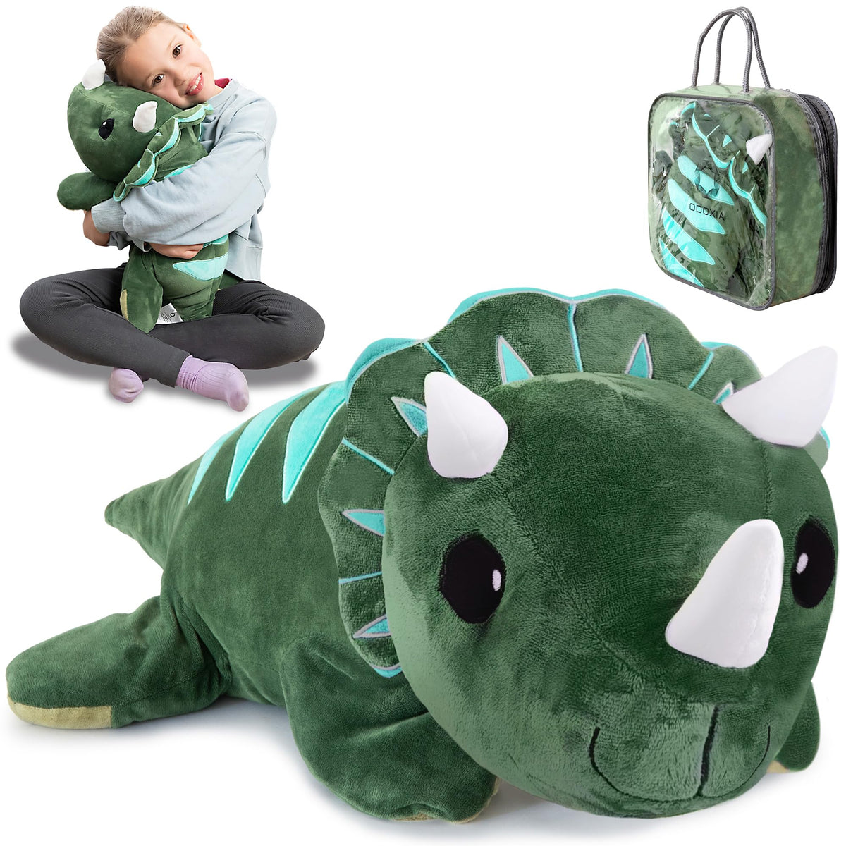 ODOXIA big weighted dinosaur front view shows a calming sensory plush for kids and adults.