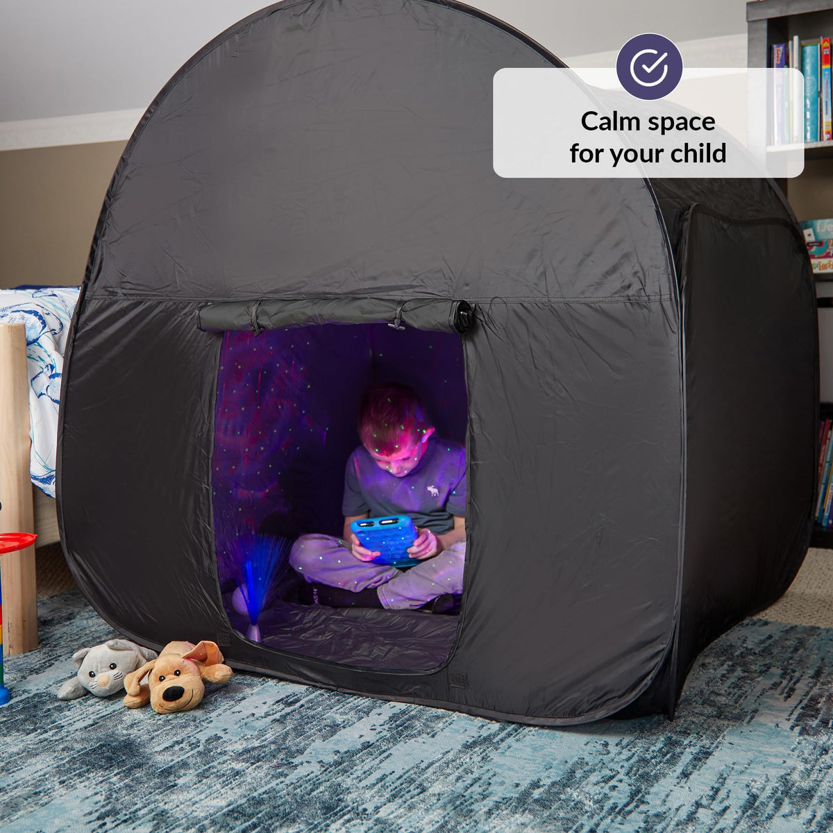 ODOXIA Sensory Tent blackout fabric creates a dark, calming environment.