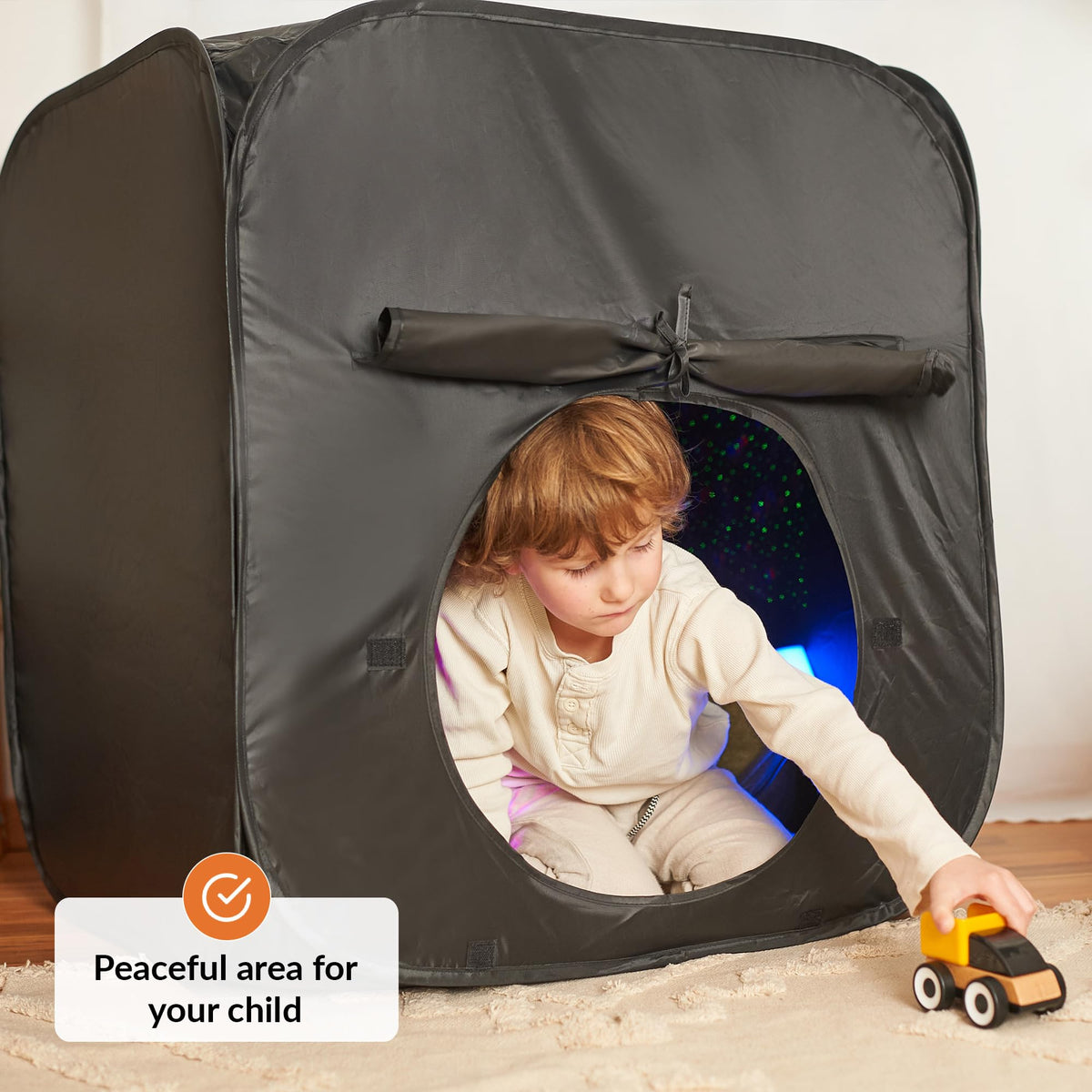 ODOXIA sensory tent blackout interior creates a dark retreat conducive to relaxation
