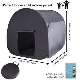 The tent is ready for light-based play with projectors and UV lights.