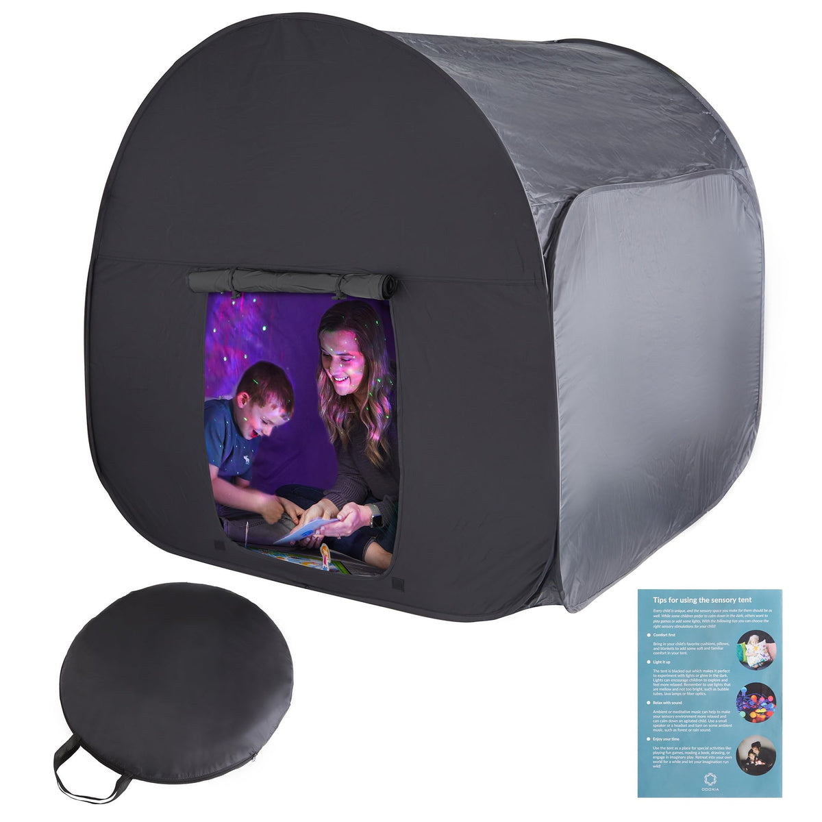 ODOXIA Sensory Tent pops up quickly for instant quiet space.