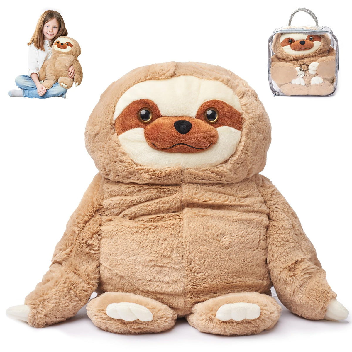 ODOXIA big weighted sloth plush on lap provides calming pressure for focus.