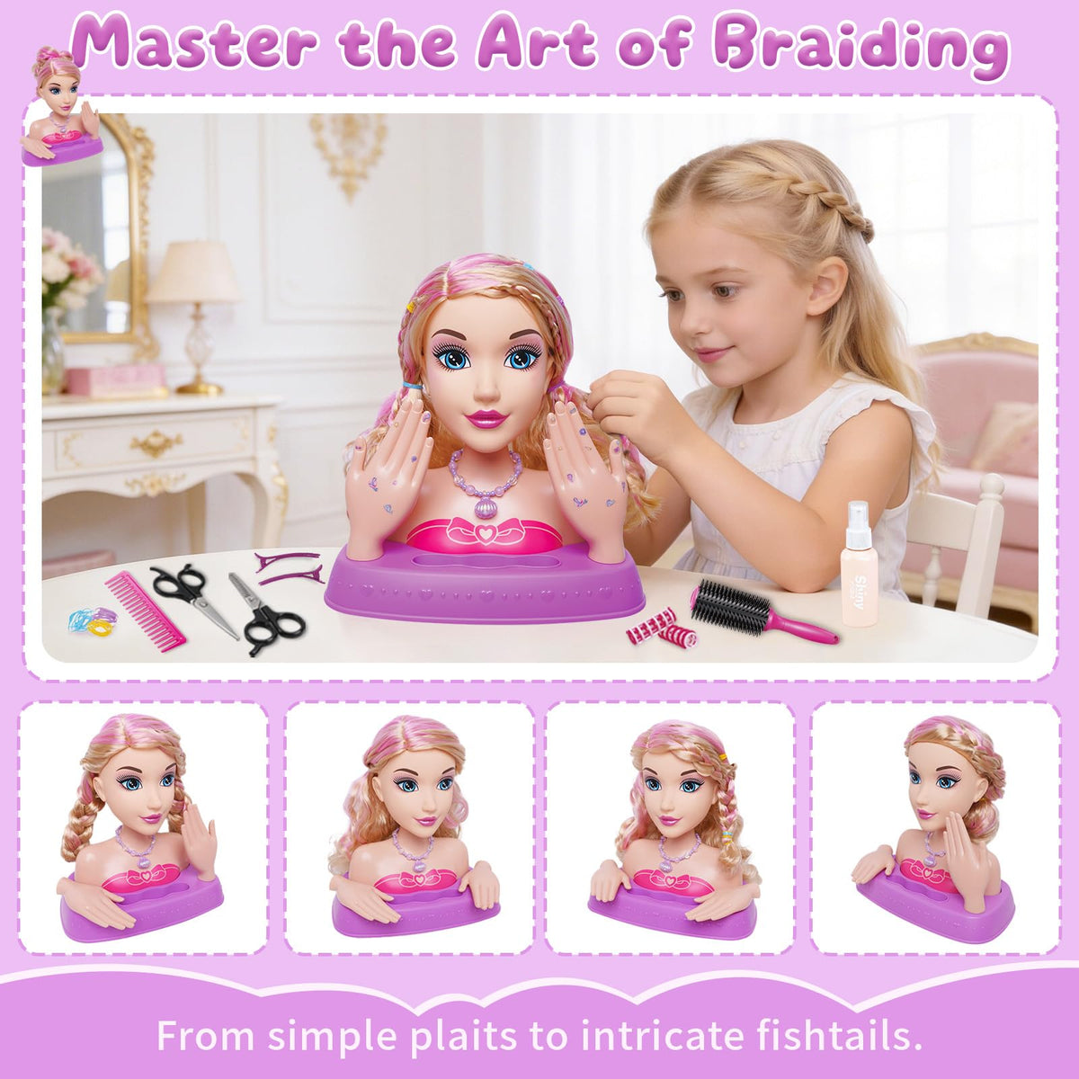 Oeasic toy hair dryer on doll head for pretend salon sessions