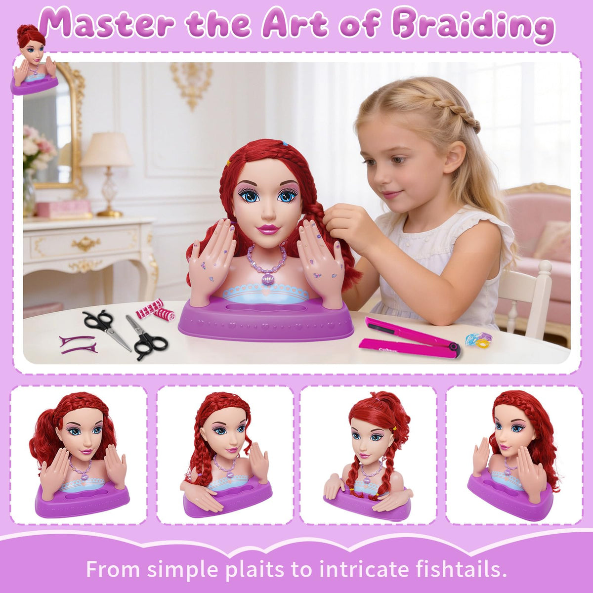 Oeasic princess styling head with hair dryer for realistic salon scenarios