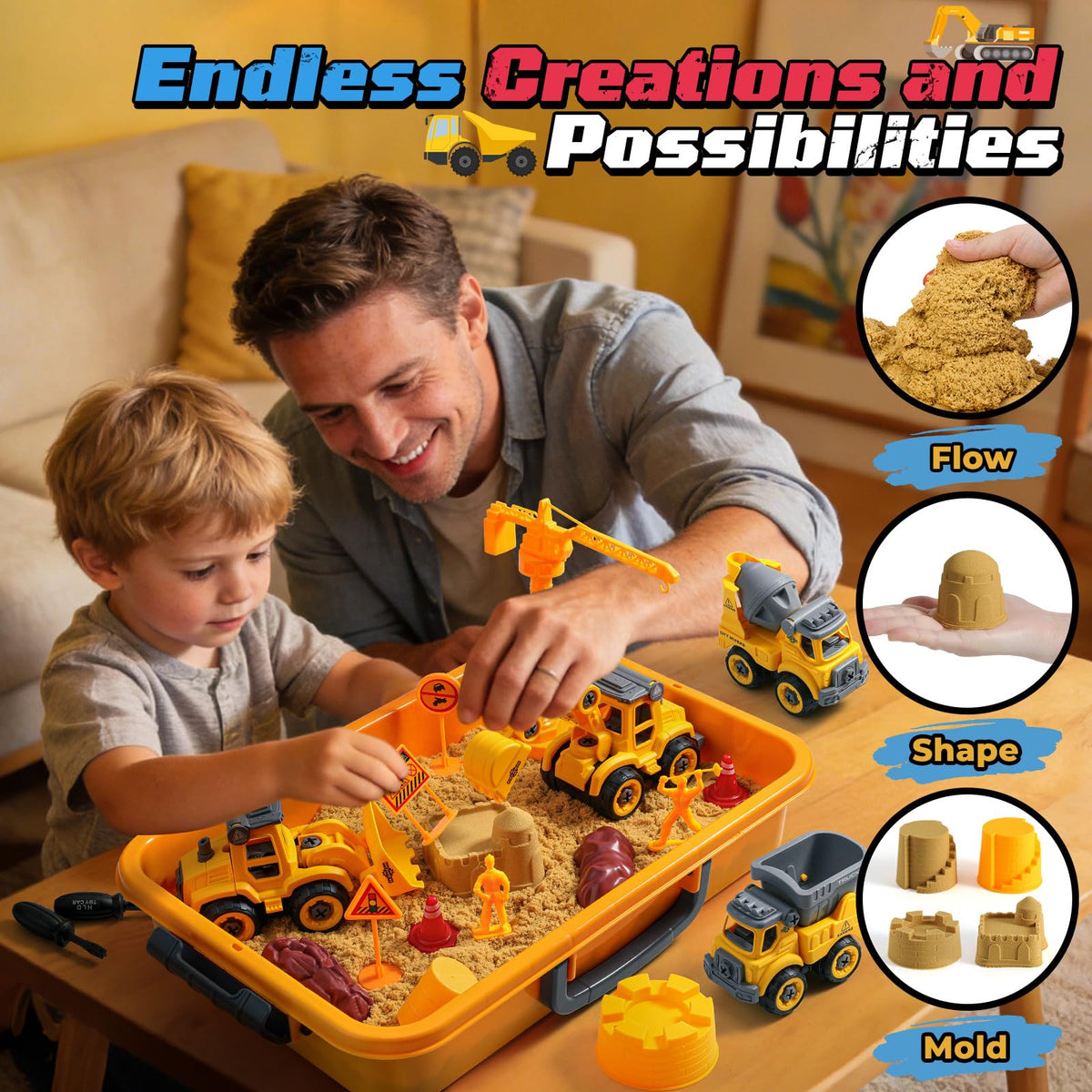 OENUX Play Sand with trucks in use, sparks imaginative play