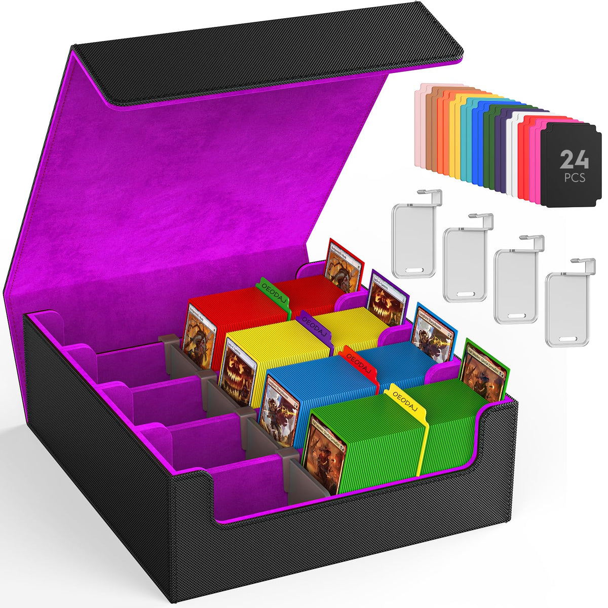 OEODAJ trading card storage box wide view showing four rows for organized collection.