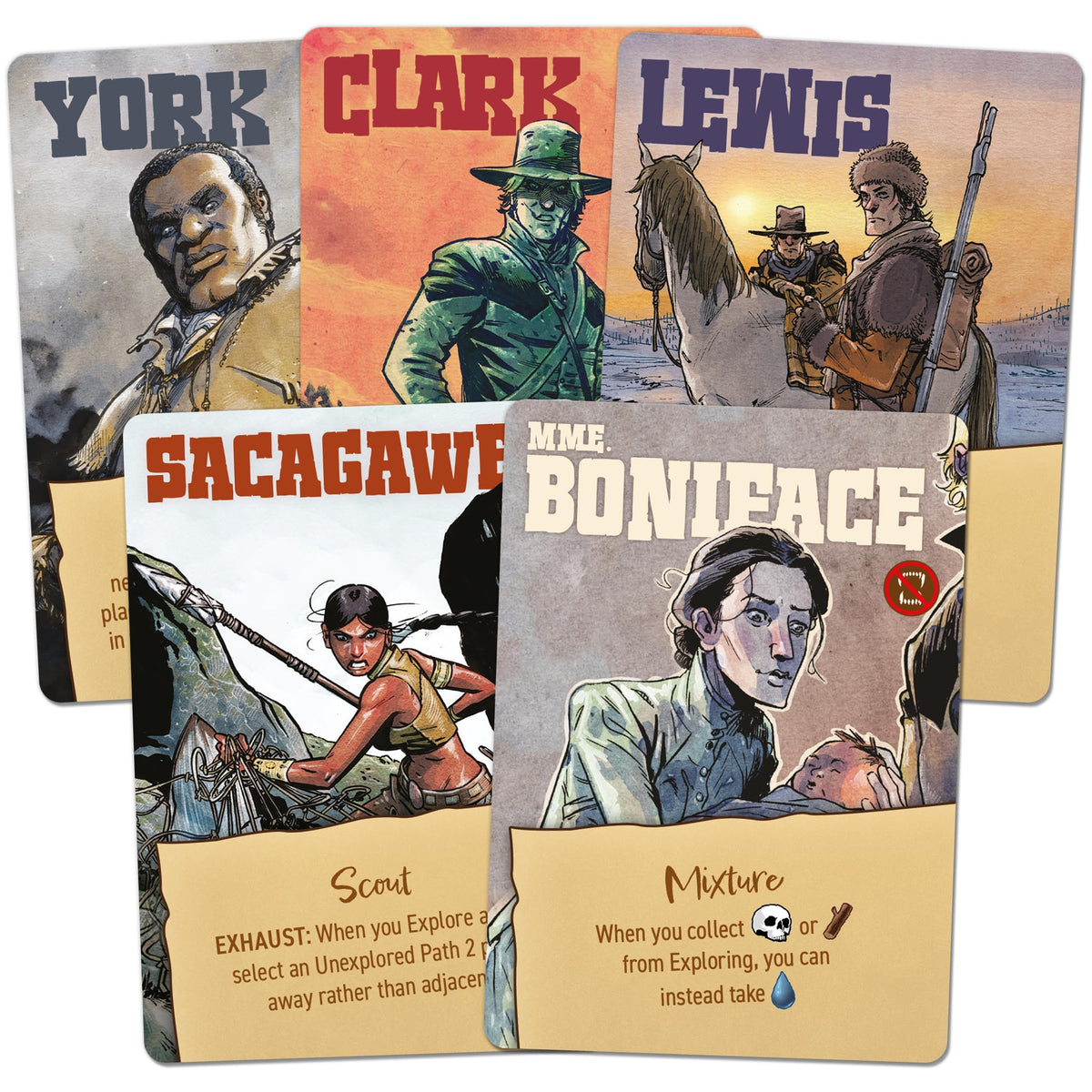 Character cards from Corps of Discovery capture unique player roles.