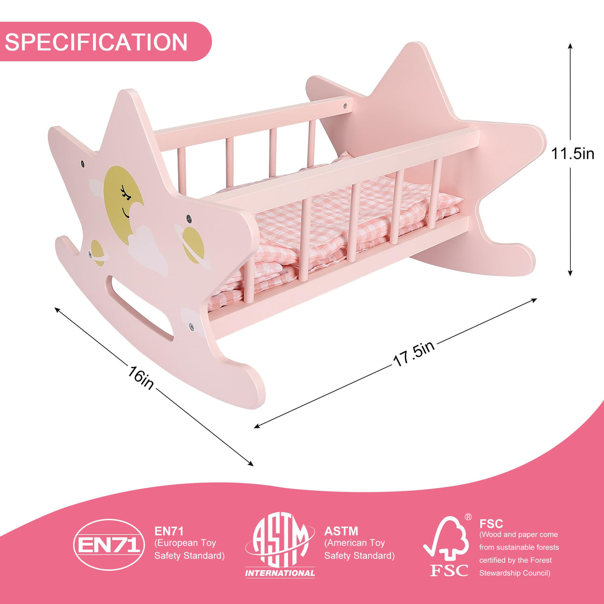 Offelec pink rocking doll cradle with secure base for doll comfort