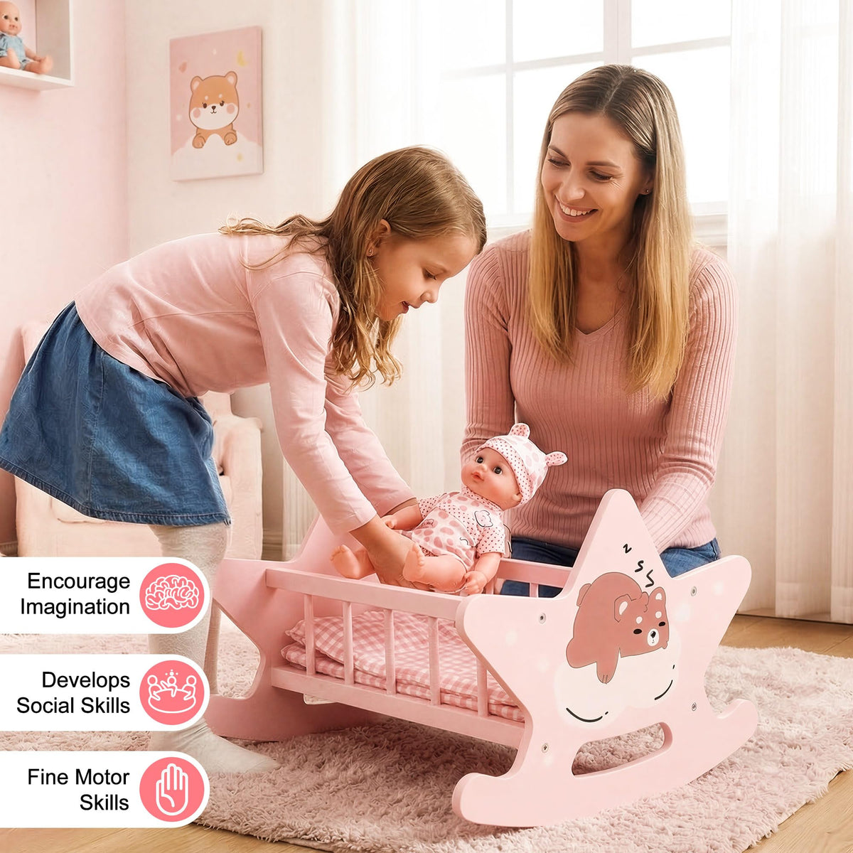 Offelec pink doll cradle designed for ages 3 and up