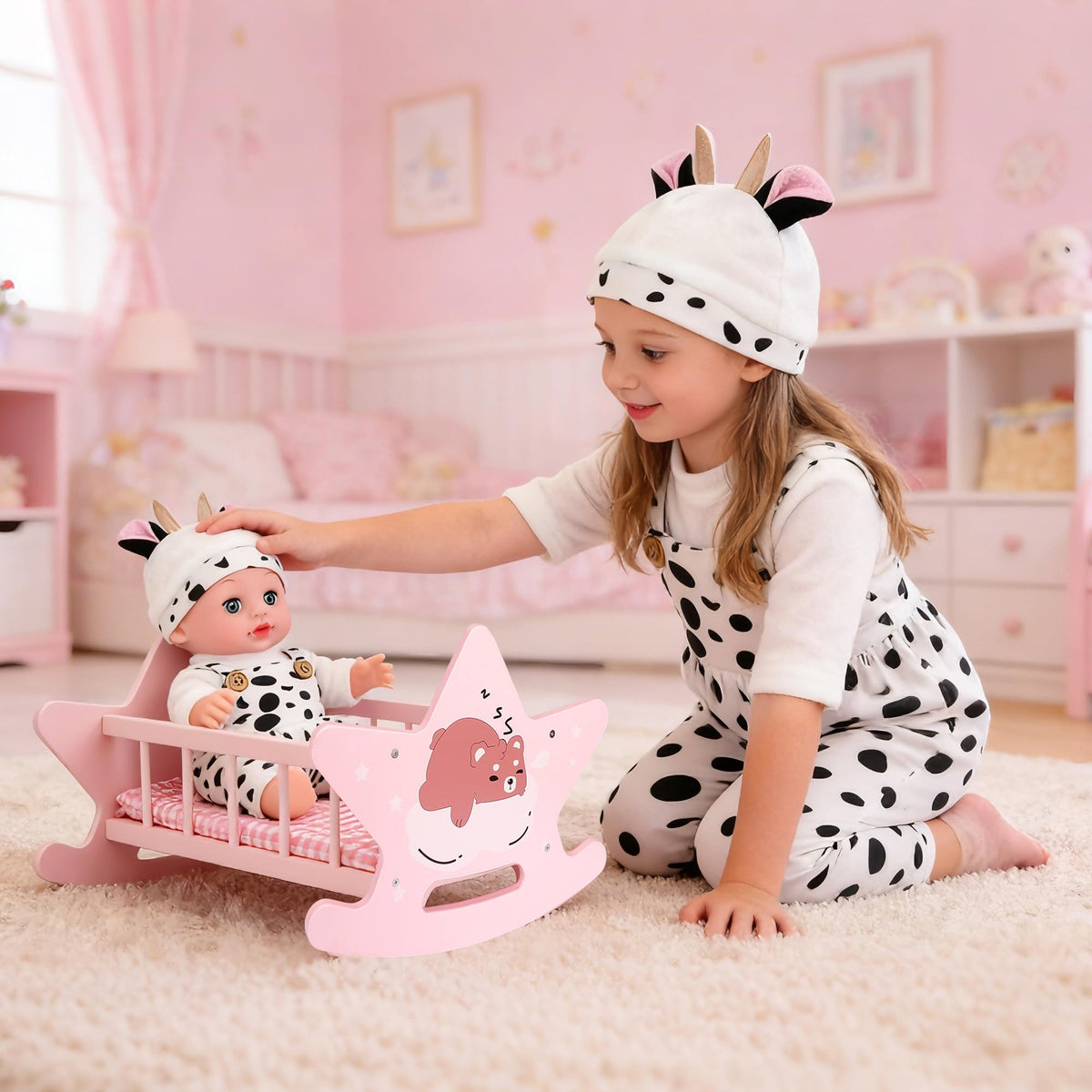 Offelec wooden doll bed used for bedtime play and role play