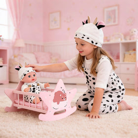 Offelec wooden doll bed used for bedtime play and role play